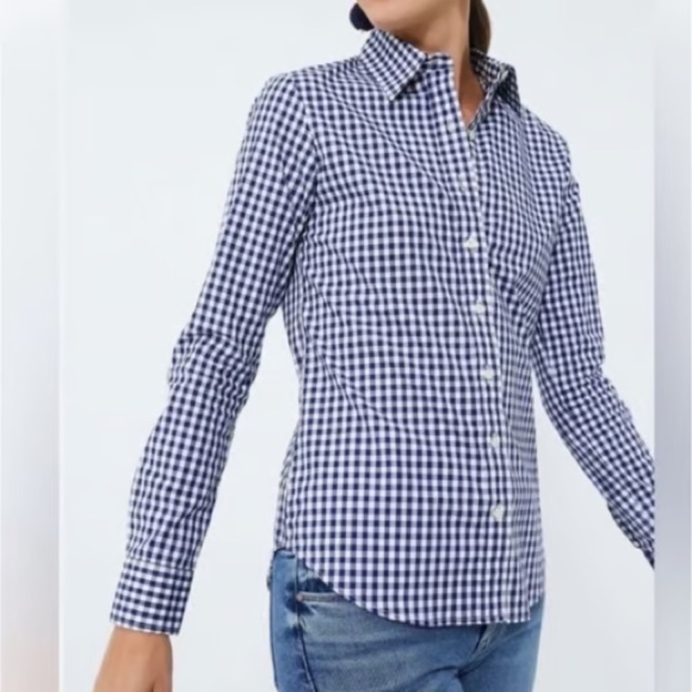 UNTUCKit Woman’s BELLEZA Button Up Shirt Gingham White blue Long sleeve NWT‎